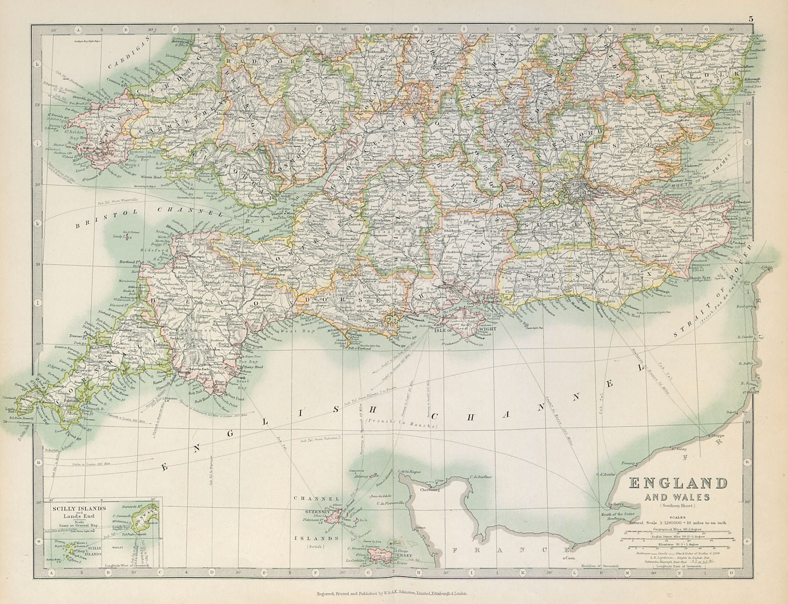 SOUTHERN ENGLAND & WALES. Shows Worcestershire enclaves. JOHNSTON 1915 old map